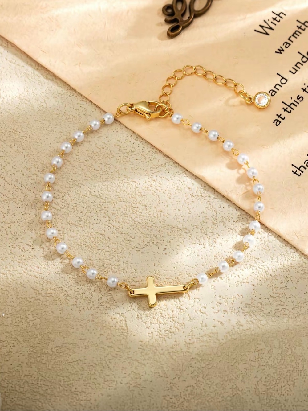 14K GOLD PLATED CROSS PENDANT PEARL BRACELET (NWT)